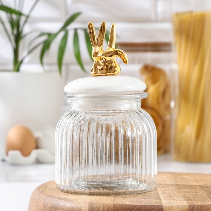 Банка стеклянная для хранения сыпучих продуктов «Кроличьи истории», 600 мл, 11×18 см, с керамической крышкой Банка стеклянная для хранения сыпучих продуктов «Кроличьи истории», 600 мл, 11×18 см, с керамической крышкой