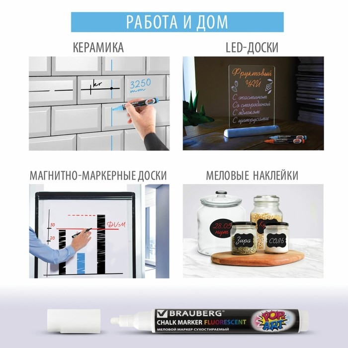 Маркер стираемый меловой для гладких поверхностей, 3,5 мм, BRAUBERG "POP-ART", белый