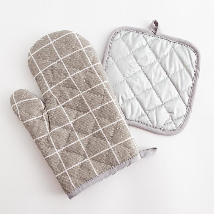 Кухонный набор Доляна &laquo;Клетка&raquo; цв.серый, прихватка 17*17 см, рукавица 26*16 см,100% п/э