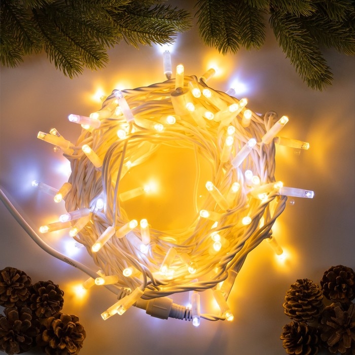 Гирлянда «Нить» 10 м, IP65, УМС, белая каучуковая нить, 100 LED, свечение тёплое белое, мерцание, 220 В Гирлянда «Нить» 10 м, IP65, УМС, белая каучуковая нить, 100 LED, свечение тёплое белое, мерцание, 220 В