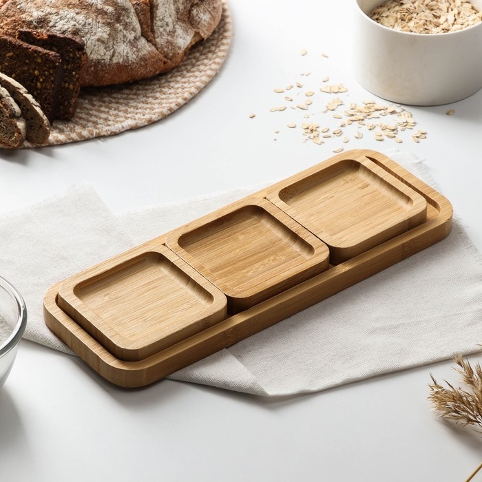 Соусник на подставке Доляна, 3 шт, 32&times;12&times;1,6 см, бамбук