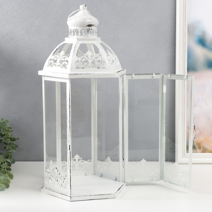 Подсвечник металл, стекло Подсвечник металл, стекло "Фонарь - ажурная башня" н-р 3 шт d-8, 13, 16 см белый 48х23 см