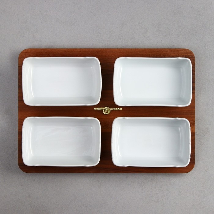 Менажница «Океан», 4 шт: 350 мл, деревянное основание, фарфор, Иран Менажница «Океан», 4 шт: 350 мл, деревянное основание, фарфор, Иран