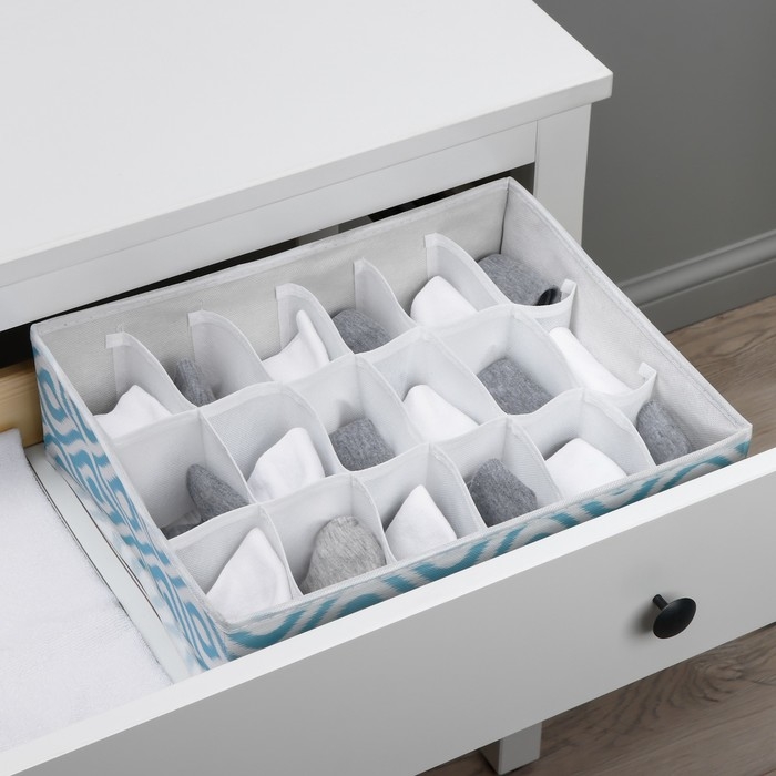 Органайзер для хранения белья Доляна «Лагуна», 18 ячеек, 35×30×12 см, цвет бирюзовый Органайзер для хранения белья Доляна «Лагуна», 18 ячеек, 35×30×12 см, цвет бирюзовый