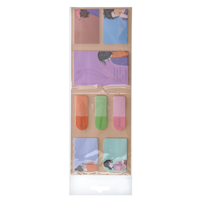 Набор клейкой бумаги для заметок deVENTE. 65x100 мм, набор заметок: 20x56 мм, 40x56 мм и 56x90 мм, 8x20 листов, офсет 80 г/м&sup2;, печать 4+0, ассорти форм, 8 дизайнов, в картонном блистере и пластиковом пакете с европодвесом