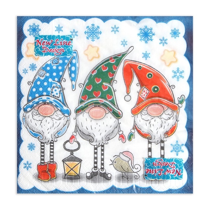 Новый год. Салфетки бумажные New Line Design &laquo;Новогодние гномы&raquo;, 33х33 см, 3 слоя