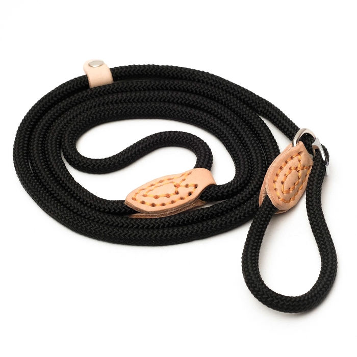 Поводок-удавка 150 см х 6 мм, полиэстер и натуральная кожа, чёрный Поводок-удавка 150 см х 6 мм, полиэстер и натуральная кожа, чёрный