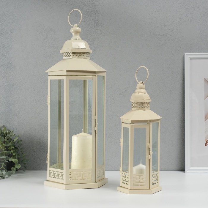 Подсвечник металл, стекло фонарик Подсвечник металл, стекло фонарик "Фес" белый с патиной набор 2 шт 35х13,5х11,8; 51х21х18 см