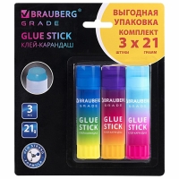 Клей-карандаш PVP 21г BRAUBERG GRADE, Набор 3шт , блистер 271248