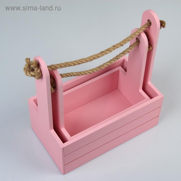 Набор кашпо деревянных 2 в 1 (25&times;15&times;30; 21&times;12&times;23 см) "Dear", ручка канат, розовый