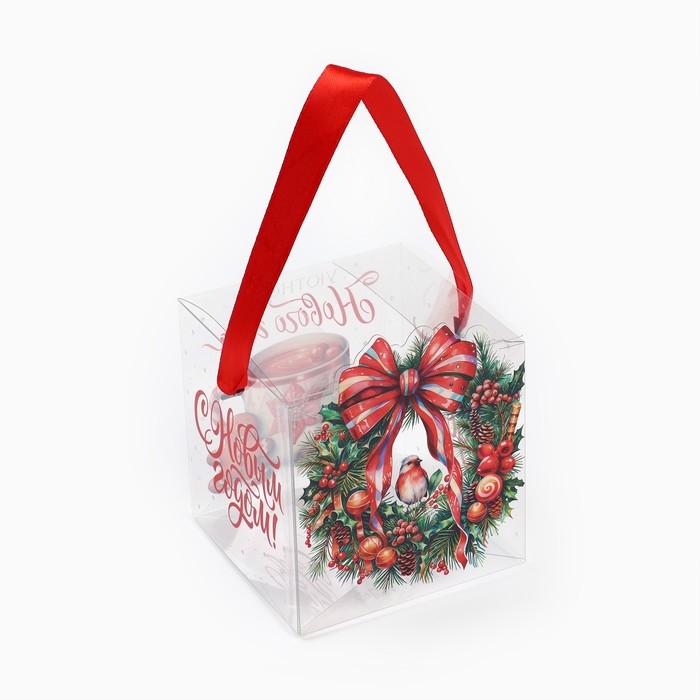 Коробка подарочная новогодняя складная ПВХ, &laquo;Венок новогодний&raquo;, 10 х 10 х 10 см, Новый год