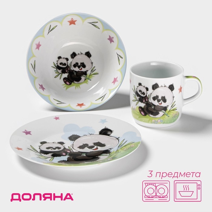 Набор детской посуды из керамики Доляна «Семья пандочек», 3 предмета: кружка 230 мл, миска 400 мл, тарелка d=18 см Набор детской посуды из керамики Доляна «Семья пандочек», 3 предмета: кружка 230 мл, миска 400 мл, тарелка d=18 см