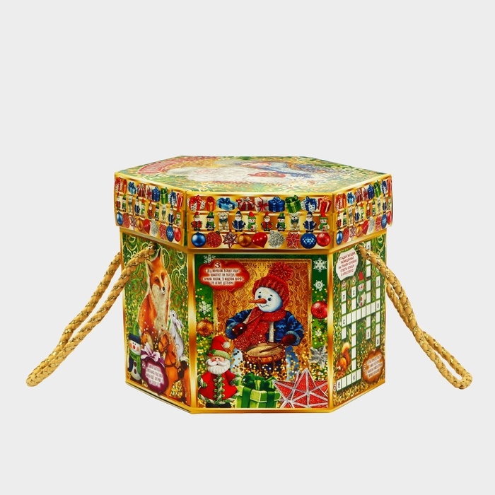 Новый год. Подарочная коробка новогодняя Шестигранник малый Новый год. Подарочная коробка новогодняя Шестигранник малый "Малахит" с веревочными ручками, 210x210x185 мм.