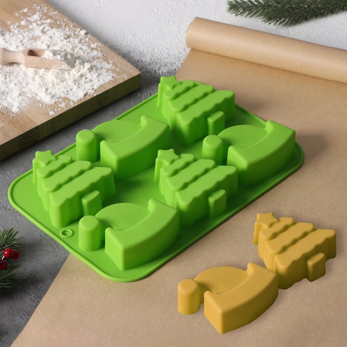 Форма для выпечки новогодняя Доляна &laquo;Новый год. Ёлка и Дед мороз&raquo;, силикон, 25&times;17 см, 6 ячеек, цвет зелёный