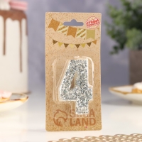 Свеча в торт &laquo;Блестки&raquo;, цифра "4", серебро, 6.5х4