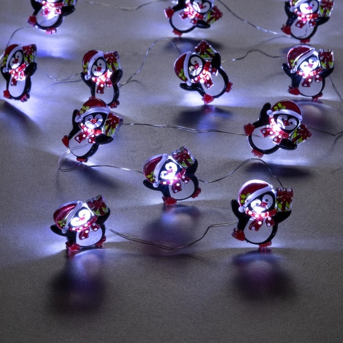 Гирлянда &laquo;Нить&raquo; 2 м роса с насадками &laquo;Пингвин&raquo;, IP20, серебристая нить, 20 LED, 2 режима, батарейки ААх2 (нет в комплекте), свечение белое