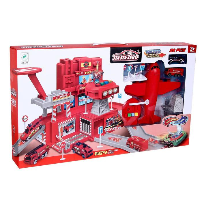 Парковка &laquo;Пожарная часть&raquo;, с самолётом, свет и звук, машина меняет цвет от воды