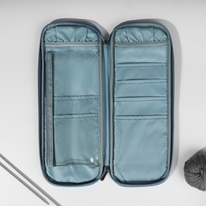 Пенал для вязания &laquo;Цветы&raquo;, 1 отделение, 8 карманов, 40 &times; 15 &times; 2,5 см, цвет голубой/белый