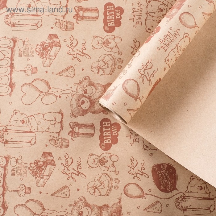Бумага упаковочная крафт "Мишки", 0,72 х 10 м, 70 г/м&sup2;