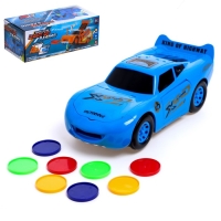 Машина «Тачка», работает от батареек, стреляет дисками, свет и звук, цвет синий Машина «Тачка», работает от батареек, стреляет дисками, свет и звук, цвет синий