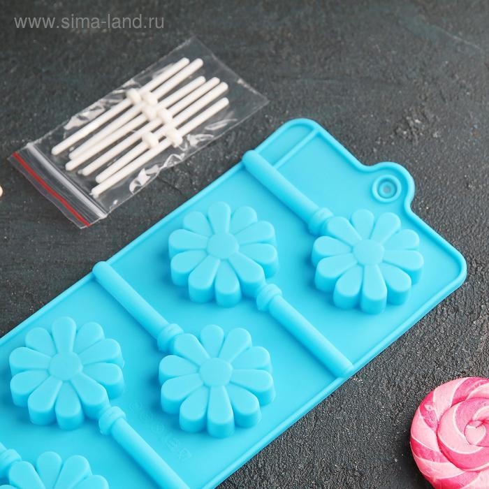 Форма для леденцов Доляна &laquo;Ромашка&raquo;, силикон, 9,5&times;24&times;1 см, 6 ячеек (d=3,8 см), с палочками, цвет МИКС