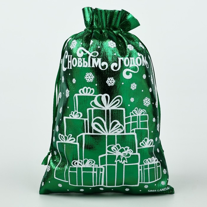 Мешочек подарочный парча &laquo;Новогодние подарки&raquo;, зелёный, 16 х 24 см, Новый год