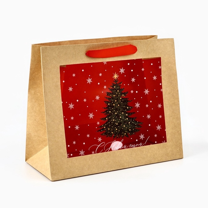 Пакет подарочный новогодний крафтовый с пластиковым окном &laquo;Новогоднее чудо&raquo;, 24 х 20 х 11см