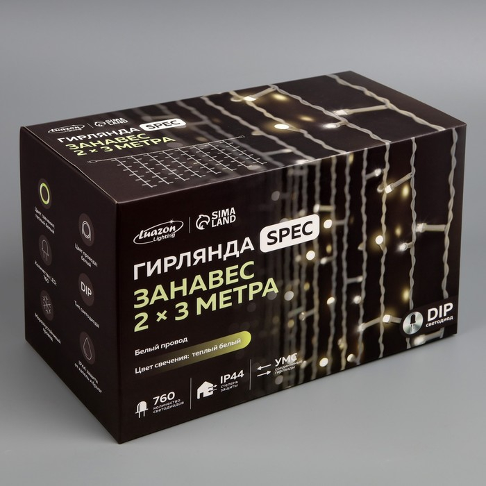 Гирлянда &laquo;Занавес&raquo; 2 &times; 3 м, IP44, УМС, белая нить, 760 LED, свечение тёплое белое, мерцание белым, 220 В