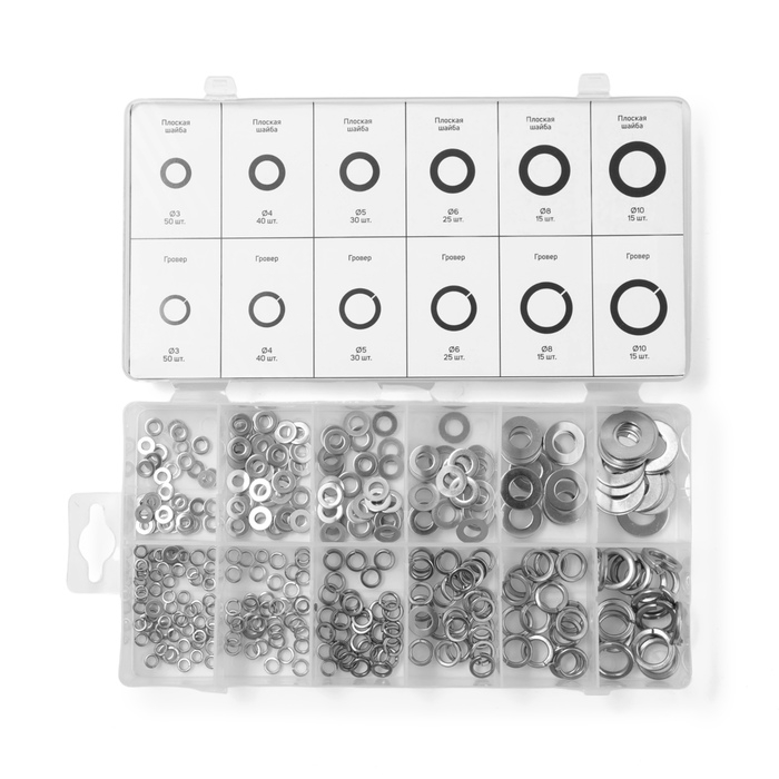 Набор гроверов и шайб плоских из нержавеющей стали ТУНДРА krep, 350 предметов Набор гроверов и шайб плоских из нержавеющей стали ТУНДРА krep, 350 предметов