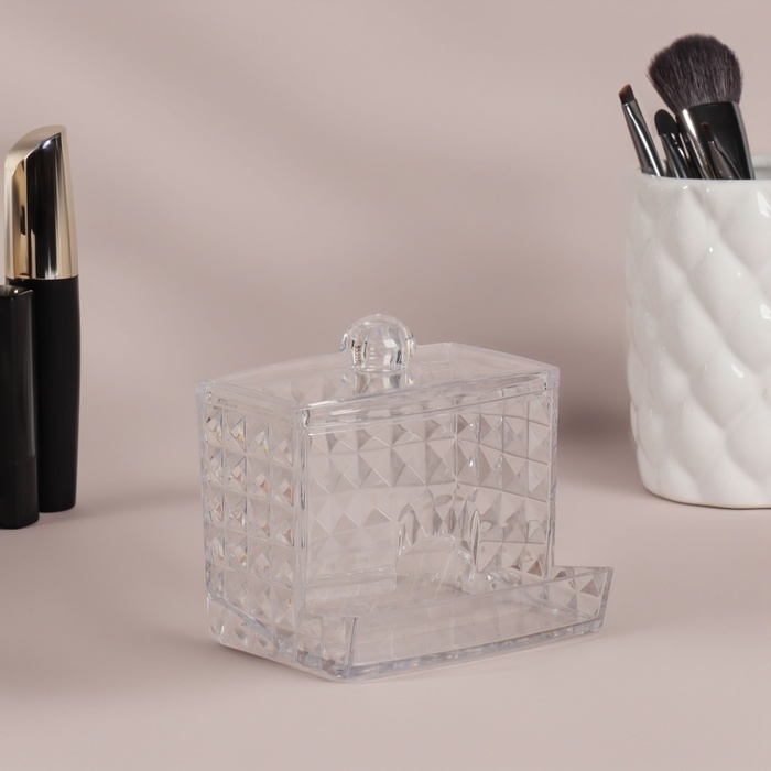 Органайзер для ватных палочек, с крышкой, 8,8 &times; 7,5 &times; 8 см, в картонной коробке, цвет прозрачный