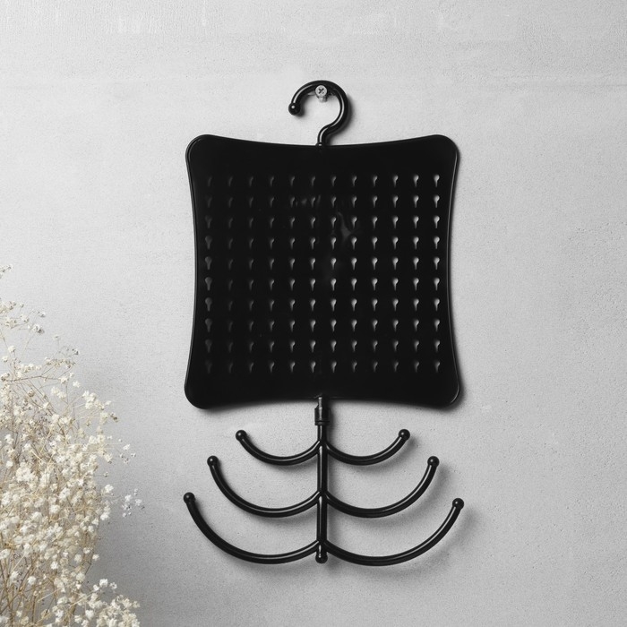 Органайзер для украшений с крючком, 60 пар, 6 крючков, пластик, 20&times;0,5&times;35 см, цвет чёрный