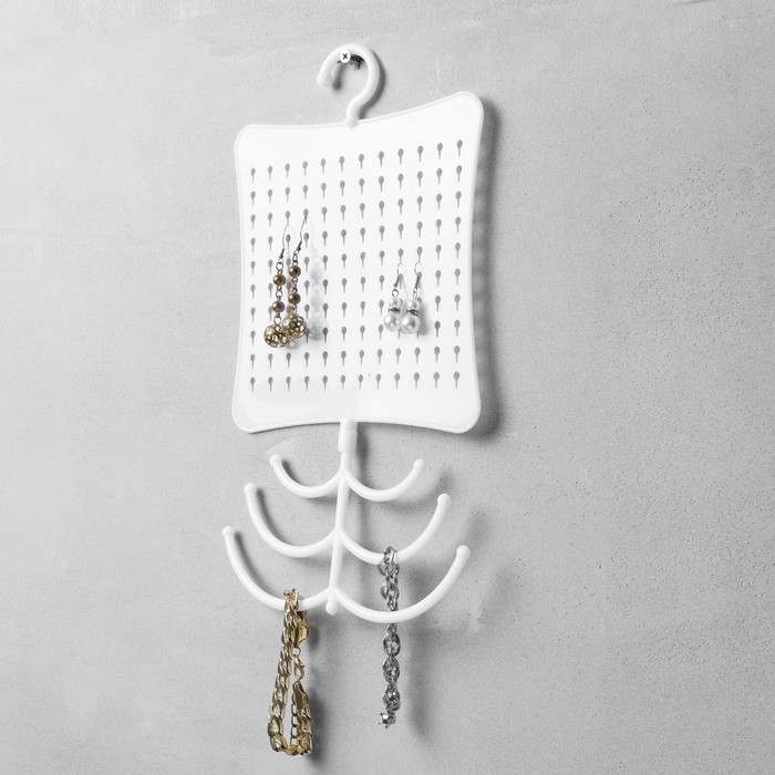 Органайзер для украшений с крючком, 60 пар, 6 крючков, пластик, 20&times;0,5&times;35 см, цвет белый