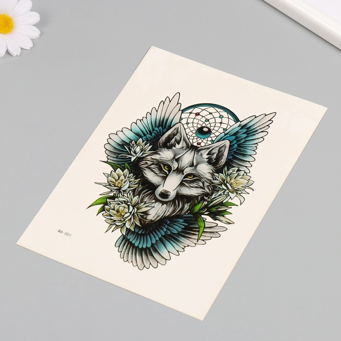 Татуировка на тело цветная "Волк на фоне крыльев" 26,1х14,6 см