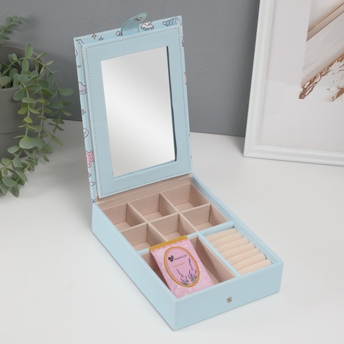 Шкатулка кожзам для украшений с зеркалом "Панда и ракушки" голубая 15х21,5х5,5 см