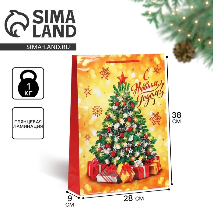 Пакет подарочный новогодний ламинированный &laquo;Золото и снежинки&raquo;, L 28 х 38 х 9 см