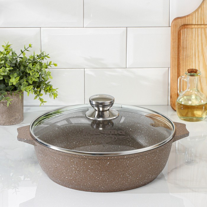 Жаровня &laquo;Гранит Brown&raquo;, 4 л, h=8,5 см, стеклянная крышка, антипригарное покрытие, цвет коричневый