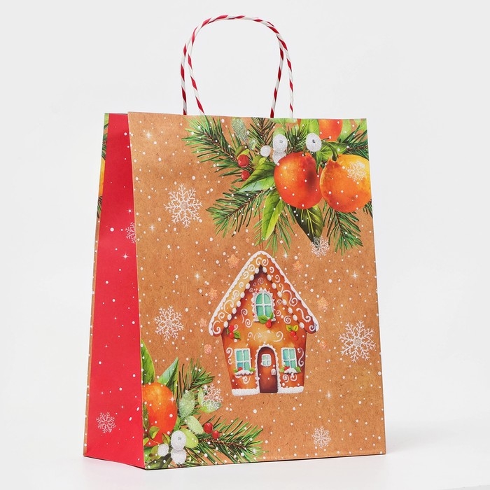Новый год. Пакет бумажный подарочный новогодний крафт "Пряничный домик" 26 х 32 х 12 см.