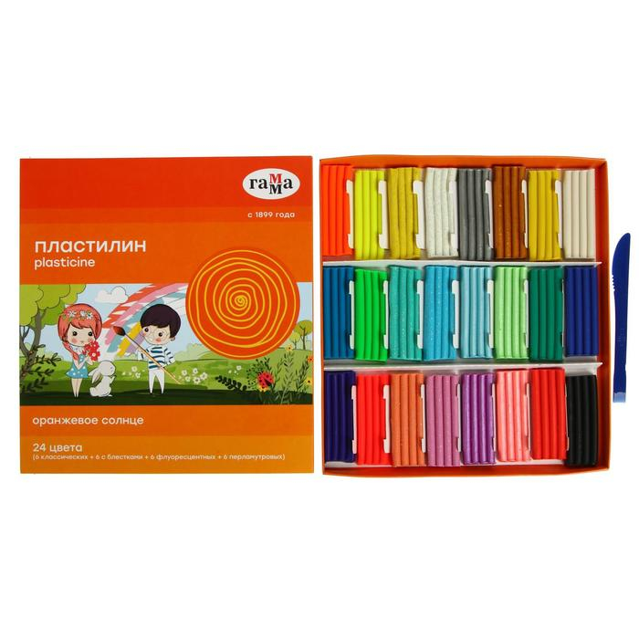 Пластилин 24 цвета 312 г (6 классических, 6 с блёстками, 6 перламутровых, 6 флуоресцентных) Пластилин 24 цвета 312 г (6 классических, 6 с блёстками, 6 перламутровых, 6 флуоресцентных) "Гамма" "Оранжевое солнце", со стеком