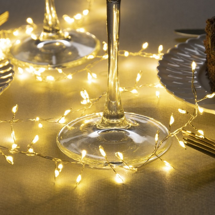 Гирлянда «Мишура» 1 м роса, IP20, серебристая нить, 100 LED, 2 режима, батарейки AAх3 (нет в комплекте), свечение тёплое белое Гирлянда «Мишура» 1 м роса, IP20, серебристая нить, 100 LED, 2 режима, батарейки AAх3 (нет в комплекте), свечение тёплое белое