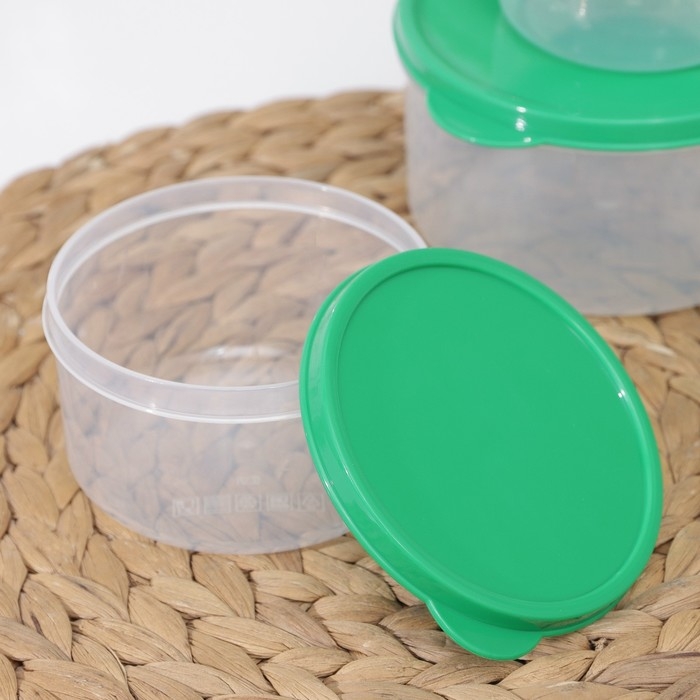 Набор контейнеров пищевых круглых Доляна, 3 шт: 150 мл, 300 мл, 500 мл, прозрачные, крышка зелёная