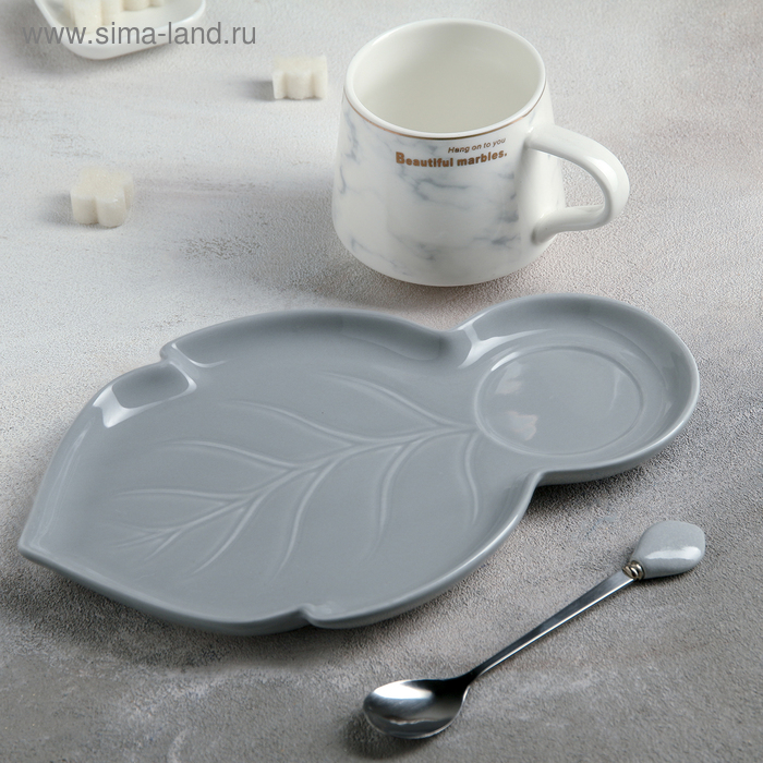 Чайная пара керамическая &laquo;Листочек&raquo;, 3 предмета: чашка 320 мл, блюдце 25,5&times;16 см, ложка, цвет серый