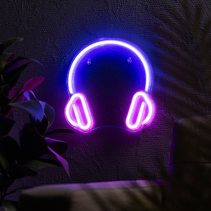 Неоновая вывеска &laquo;Наушники&raquo; 27 x 27 см, USB, свечение розово-синее