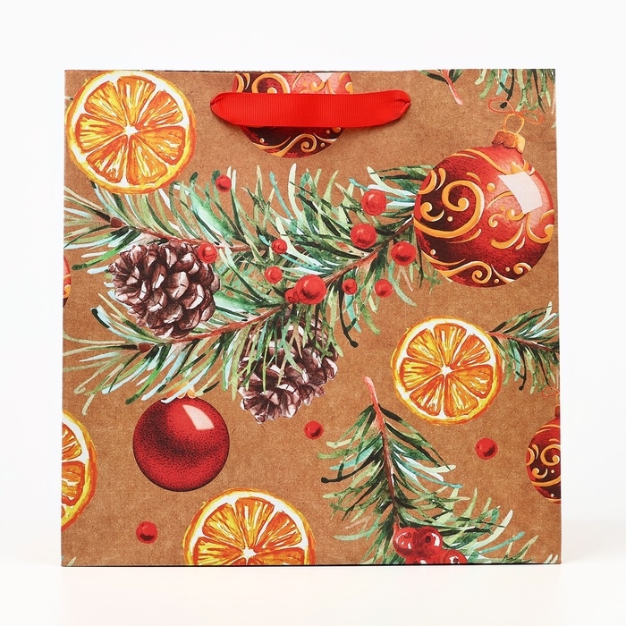 Пакет подарочный новогодний крафтовый квадратный &laquo;Новогоднее настроение&raquo;, 30 х 30 х 12 см, Новый год