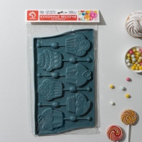 Форма для леденцов Доляна «Капкейк», силикон, 27,5×16,5 см, 6 ячеек (6×7 см), с палочками, цвет МИКС Форма для леденцов Доляна «Капкейк», силикон, 27,5×16,5 см, 6 ячеек (6×7 см), с палочками, цвет МИКС