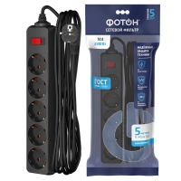 Сетевой фильтр "ФОТОН" SP 10-55ES, 5 м, 5 розеток, 10 А, с выкл, с з/к, черный