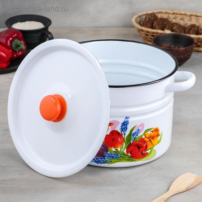 Кастрюля эмалированная цилиндрическая &laquo;Тюльпан Май&raquo;, 8 л, цвет белый