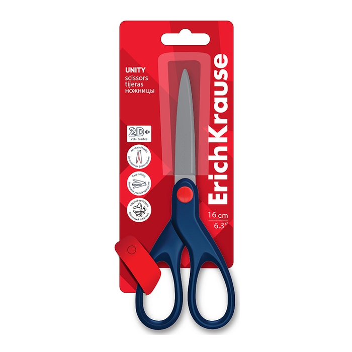 Ножницы ErichKrause Unity, 16 см, лезвия из нержавеющей стали, дугообразная форма, ударопрочный пластик, синие, блистер Ножницы ErichKrause Unity, 16 см, лезвия из нержавеющей стали, дугообразная форма, ударопрочный пластик, синие, блистер