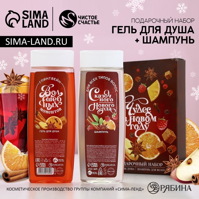 Подарочный набор косметики &laquo;Чудес в Новом Году&raquo;, гель для душа и шампунь для волос, 2 х 250 мл, ЧИСТОЕ СЧАСТЬЕ