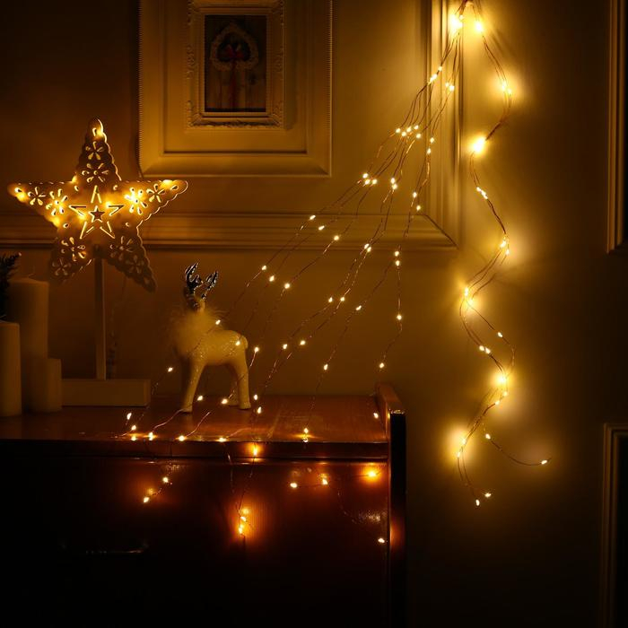 Гирлянда &laquo;Конский хвост&raquo; 10 нитей по 1 м, IP20, медная нить, 100 LED, свечение тёплое белое, 12 В