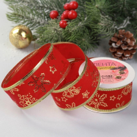 Лента бархатная с металлической нитью &laquo;Снежинки&raquo;, 38 мм &times; 9 &plusmn; 0,5 м, цвет красный/золотой